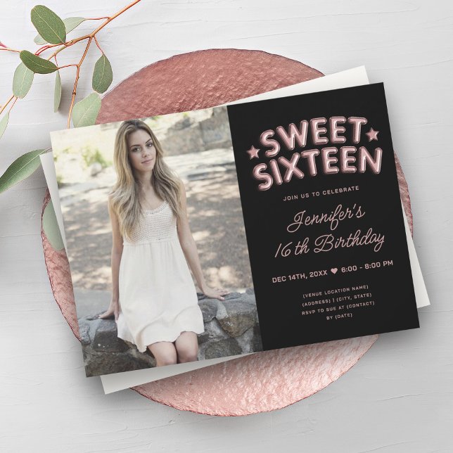 Glam Photo Ro Guld Black Balloons Sweet 16 Inbjudningar (Glam Photo Rose Gold Black Balloons Sweet 16 Invitation)