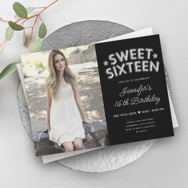 Glam Photo Silver Black Balloons Sweet 16 Inbjudningar (Glam Photo Silver Black Balloons Sweet 16 Invitation)