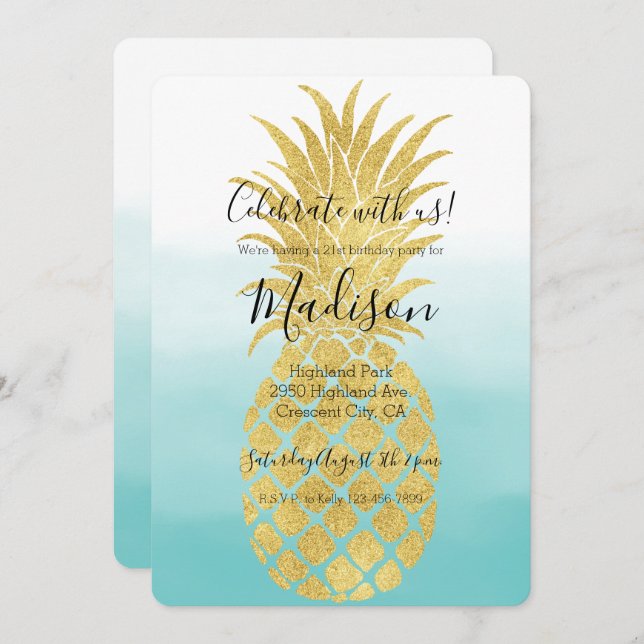 Glam Pineapple Aqua Watercolor Ombre Guld Inbjudningar (Fram/baksida)