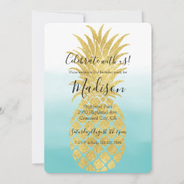 Glam Pineapple Aqua Watercolor Ombre Guld Inbjudningar