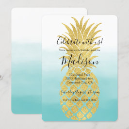 Glam Pineapple Aqua Watercolor Ombre Guld Inbjudningar