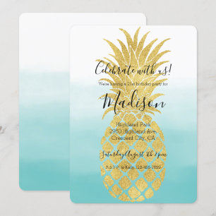 Glam Pineapple Aqua Watercolor Ombre Guld Inbjudningar