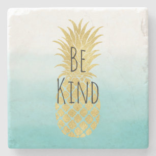 Glam Pineapple Aqua Watercolor Ombre Guld Stenunderlägg