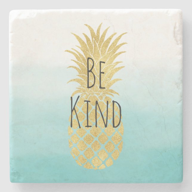 Glam Pineapple Aqua Watercolor Ombre Guld Stenunderlägg (Framsidan)