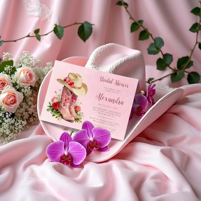 Glam Pink Cowgirl Boots Bridal Shower Inbjudningar (Glamorous Coastal Pink Embroidered Cowgirl Boots and Hat Bridal Shower Invitation.)