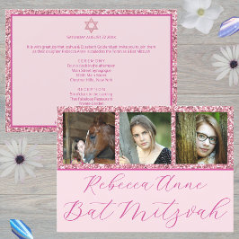 Glam Pink Elegant Script 3 Foto Bat Mitzvah Inbjudningar