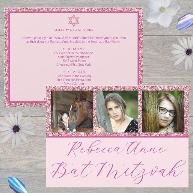 Glam Pink Elegant Script 3 Foto Bat Mitzvah Inbjudningar (Add your daughter's photos to these chic pink Bat Mitzvah invitations)