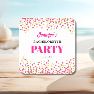Glam Pink Gold Dots Wedding Bachelorette Party Underlägg Papper Kvadrat