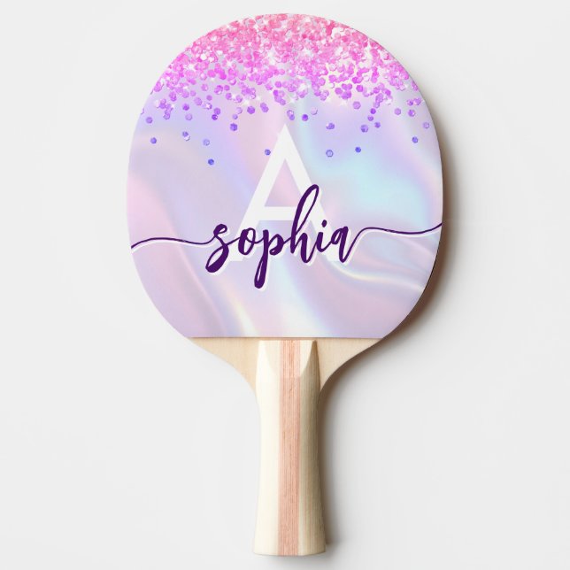 Glam Pink Gold Glitter Monogram Script Purple Pingisracket (Framsidan)