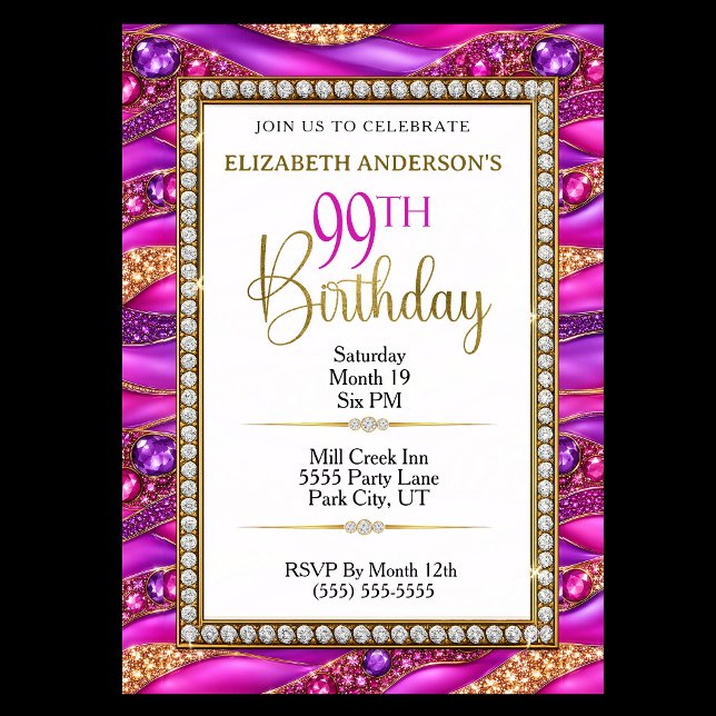 Glam Pink Guld Juvelbesatt 99-årsdag Inbjudningar (Elegant pink purple and gold jeweled 99th birthday party invitation with diamond border.
)