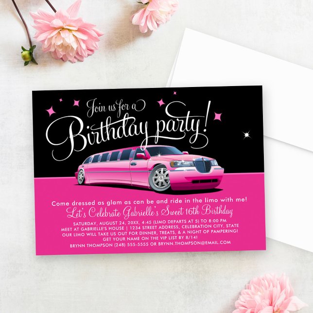 Glam Pink Limo Födelsedagsfest Inbjudningar (Skapare uppladdad)