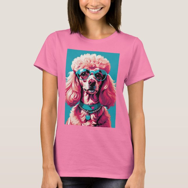 Glam Pink Poodle In Teal Sunglasses & Heart Callor T Shirt (Framsida)
