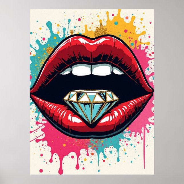 Glam Pop Art Red Läppar och Diamond Poster (Framsidan)