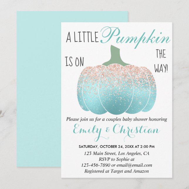 Glam Pumpkin Aqua Peach Orange Glitter Baby Shower Inbjudningar (Fram/baksida)