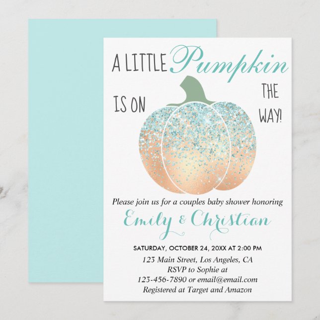 Glam Pumpkin Aqua Turcos Glitter Baby Shower Inbjudningar (Fram/baksida)
