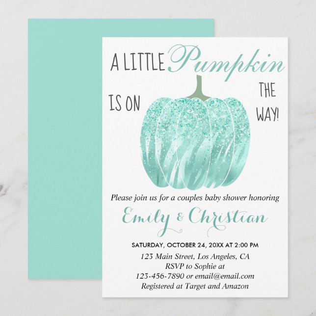 Glam Pumpkin Aqua Turcos Glitter Baby Shower Inbjudningar (Fram/baksida)