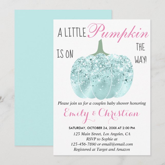 Glam Pumpkin Aqua Turcos Glitter Baby Shower Inbjudningar (Fram/baksida)