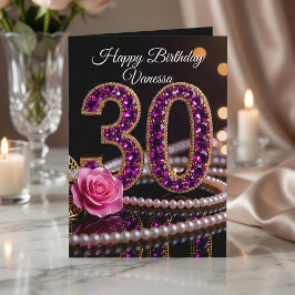 Glam Purple Amethyst Gems and Pearls 30th Birthday Kort