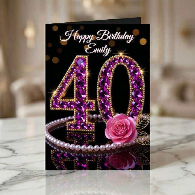 Glam Purple Diamonds Pearls Rose 40th Birthday Kort (Skapare uppladdad)