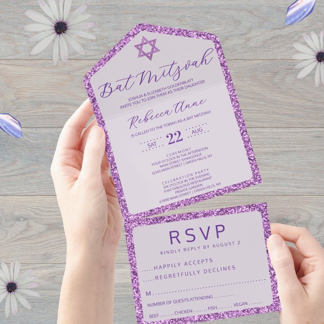 Glam Purple Klassisk Elegant Bat Mitzvah RSVP (Add a little faux glitter to your Bat Mitzvah invitations with this purple all in one invite style)