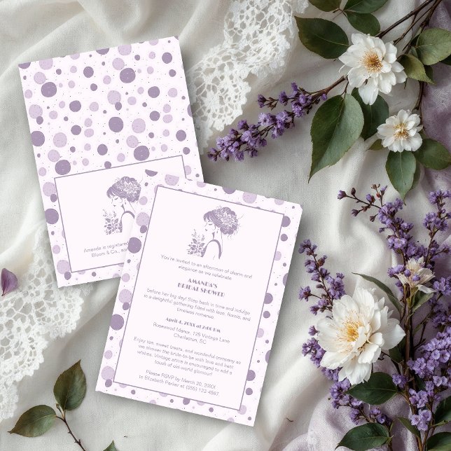 Glam Purple Shades Polka Dots Vintage Bride Inbjudningar (Irregular Glam Purple Shades Polka Dots Vintage Bride Bridal Shower Invitations Cards.)