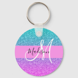 Glam Purpur Aqua Glitter Glans Gradient Monogram Nyckelring