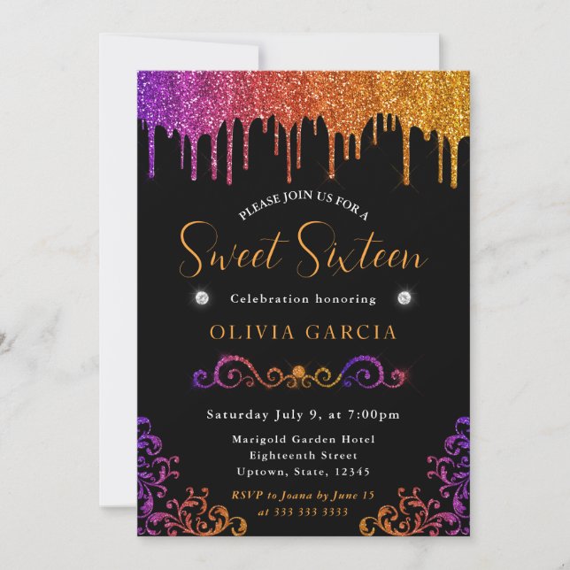 Glam Purpur och Orange Gradient Glitter Sweet 16 Inbjudningar (Framsida)