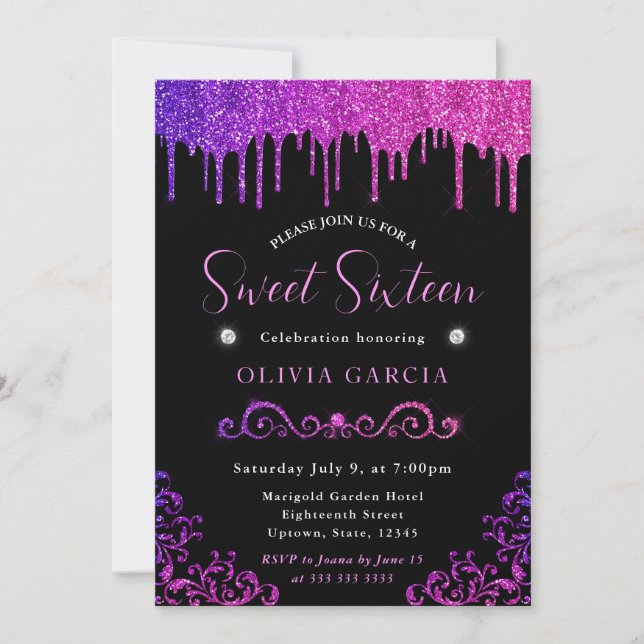 Glam Purpur och Rosa Gradient Glitter Sweet 16 Inbjudningar (Framsida)