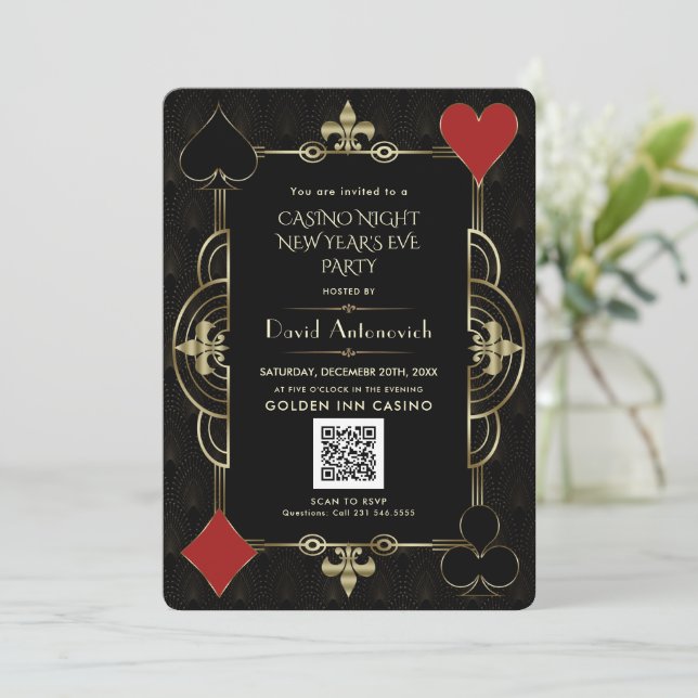 Glam QR Code Vegas Casino Night Nyårsafton Inbjudningar (Stående Fram)