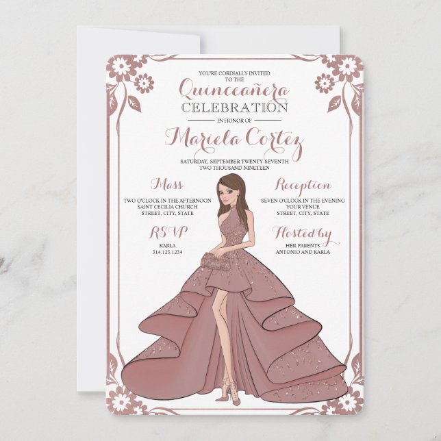 Glam Quinceañera Ro Guld Inbjudningar (Framsida)