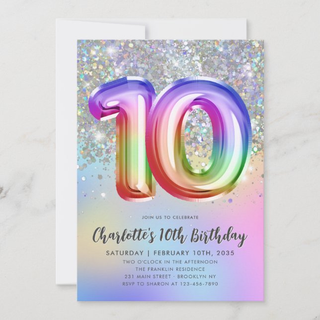 Glam Rainbow Glitter Foil Balloon 10:e födelsedage Inbjudningar (Framsida)