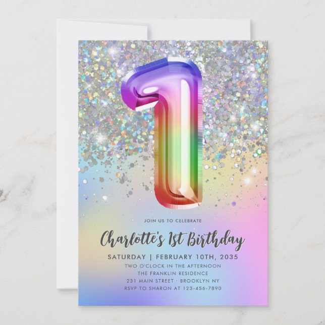 Glam Rainbow Glitter Foil Pastel Girl 1st Birthday Inbjudningar (Framsida)