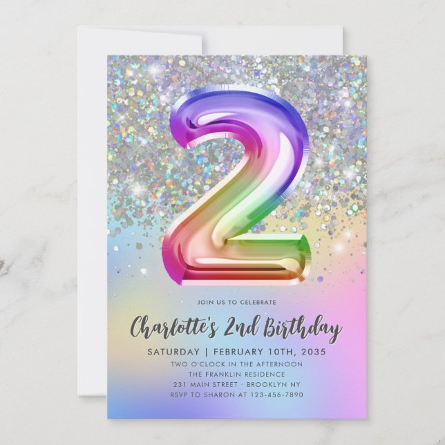 Glam Rainbow Glitter Foil Pastel Girl 2 Birthday Inbjudningar (Framsida)