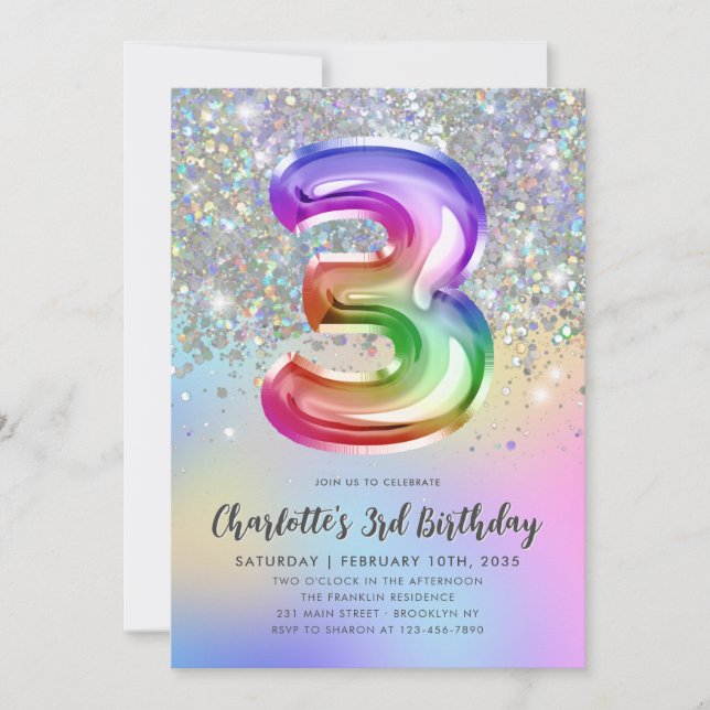 Glam Rainbow Glitter Foil Pastel Girl 3rd Birthday Inbjudningar (Framsida)