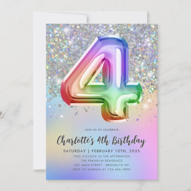 Glam Rainbow Glitter Foil Pastel Girl 4e födelseda Inbjudningar (Framsida)