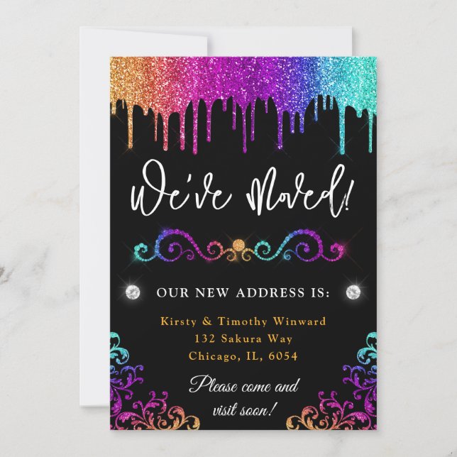 Glam Rainbow Gradient Glitter Nytt Hem Meddelande (Framsida)