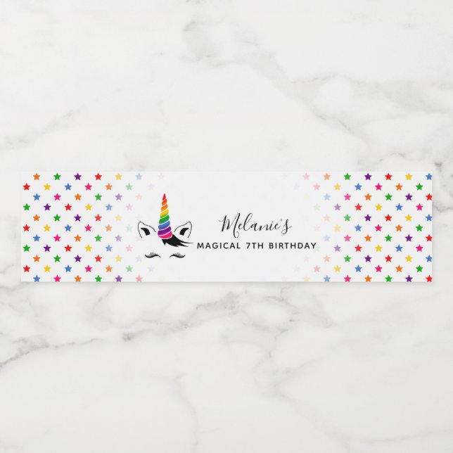 Glam Rainbow Unicorn Födelsedagsfest Vattenflaskor Etikett (Singel etikett)