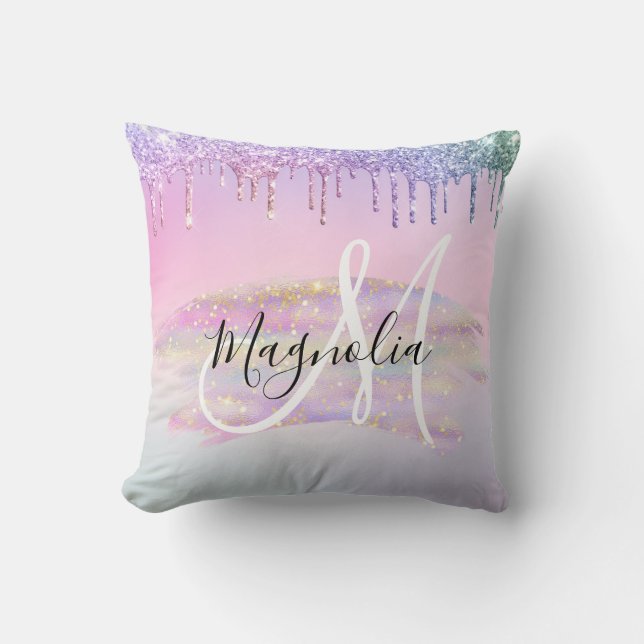 Glam Rainbow Unicorn Ombre Glitter Rosa Monogram Kudde (Framsida)