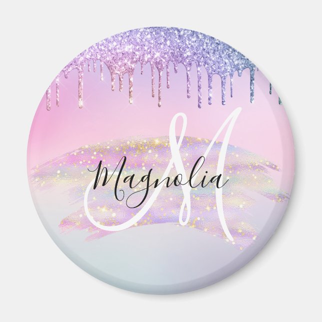 Glam Rainbow Unicorn Ombre Glitter Rosa Monogram Magnet (Framsidan)