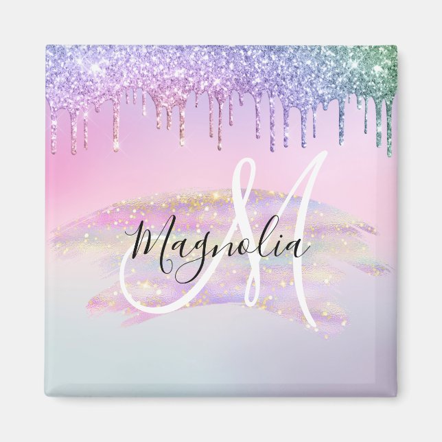 Glam Rainbow Unicorn Ombre Glitter Rosa Monogram Magnet (Framsidan)