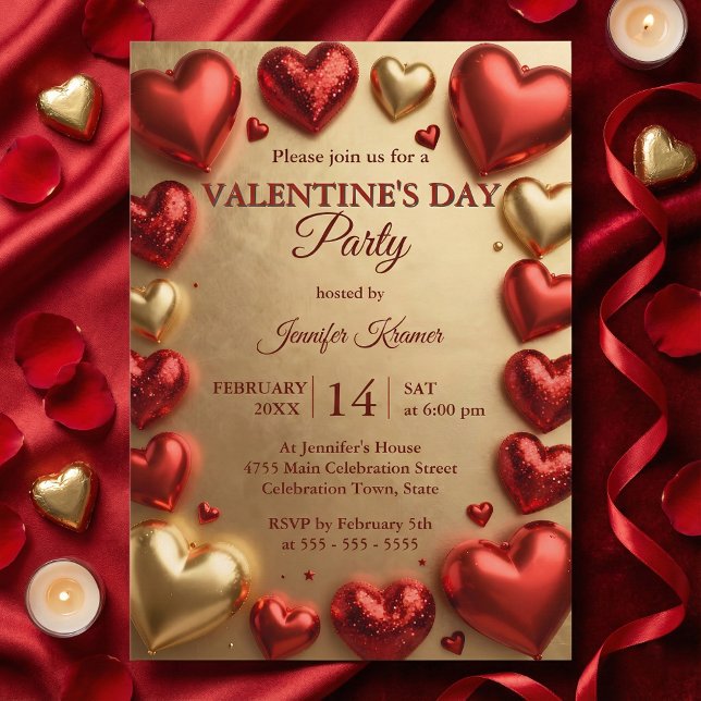 Glam Red and Gold 3D Hearts Valentine's Day Party Inbjudningar (Skapare uppladdad)
