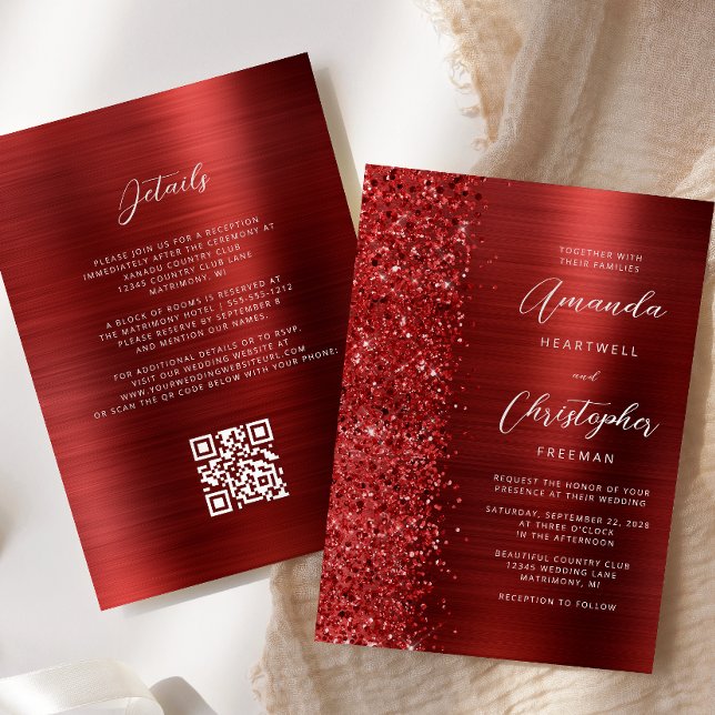 Glam Red Brushed Metal QR Code Wedding Inbjudningar (Skapare uppladdad)