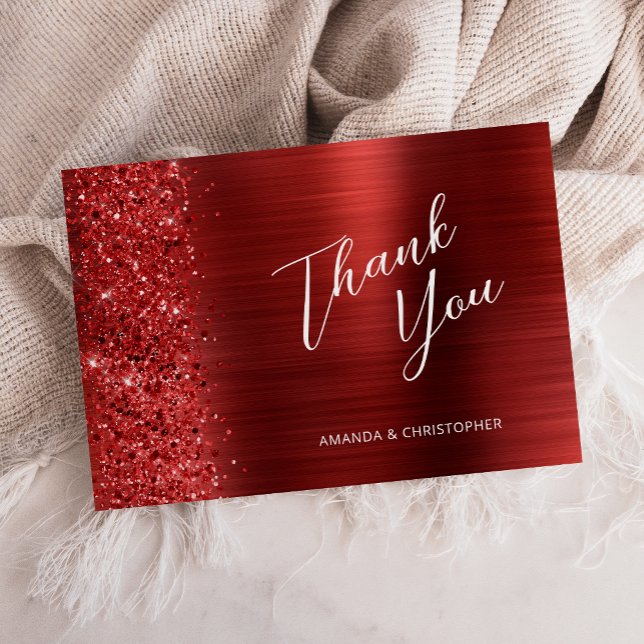 Glam Red Brushed Metal Wedding Flat Thank You Kort (Skapare uppladdad)
