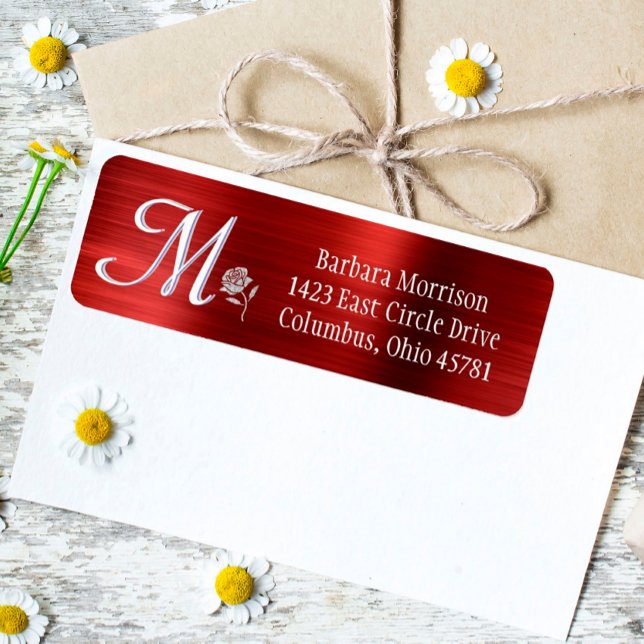 Glam Red Brushed Metall Anpassningsbar Monogram Re Returadress Etikett (Skapare uppladdad)