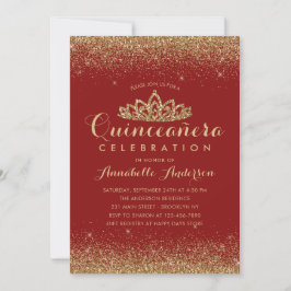 Glam Red Burgundy Quinceañera Guld Tiara Glitter Inbjudningar