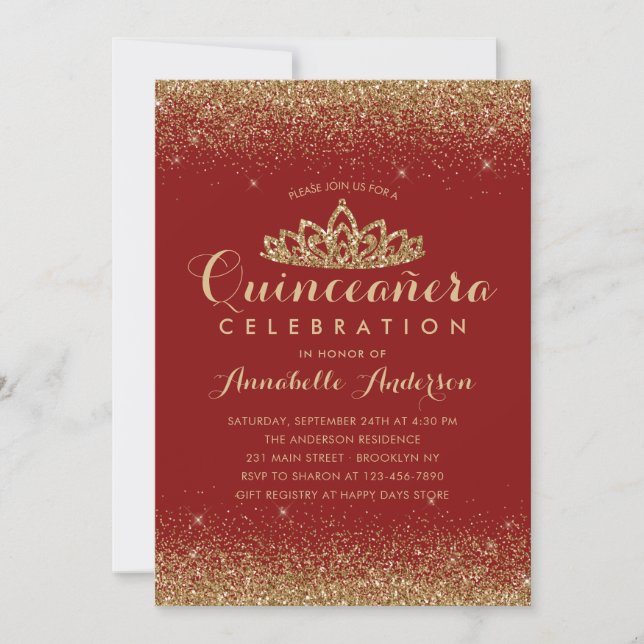 Glam Red Burgundy Quinceañera Guld Tiara Glitter Inbjudningar (Framsida)