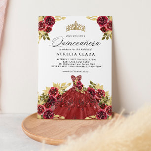 Glam Red Dress Blommigt Watercolor 15th Quinceañer Inbjudningar
