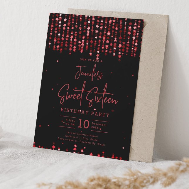 Glam Red Falling Stars Sweet 16 Födelsedagsfest Inbjudningar (Glam Red Falling Stars Sweet 16 Birthday Party Invitation)