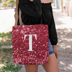 Glam Red Faux Glitter Bokeh Sparkles Monogram Tygkasse