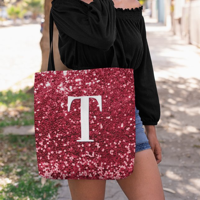 Glam Red Faux Glitter Bokeh Sparkles Monogram Tygkasse (Red Chunky Glitter Monogram Tote Bag)